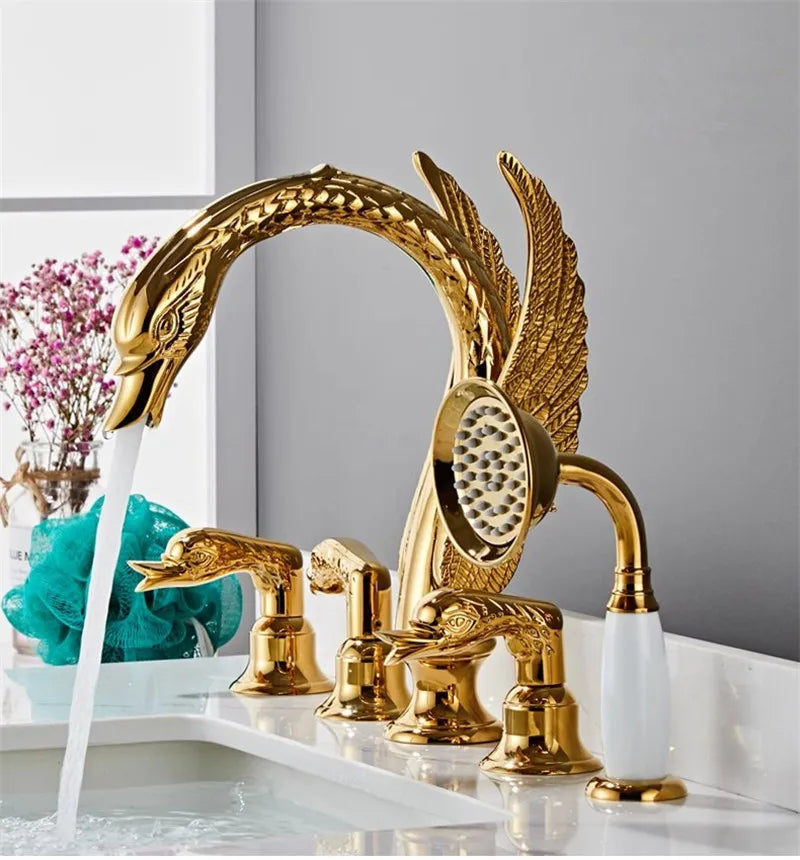 Gold swan 5 holes deck mounted bathtub filler faucets