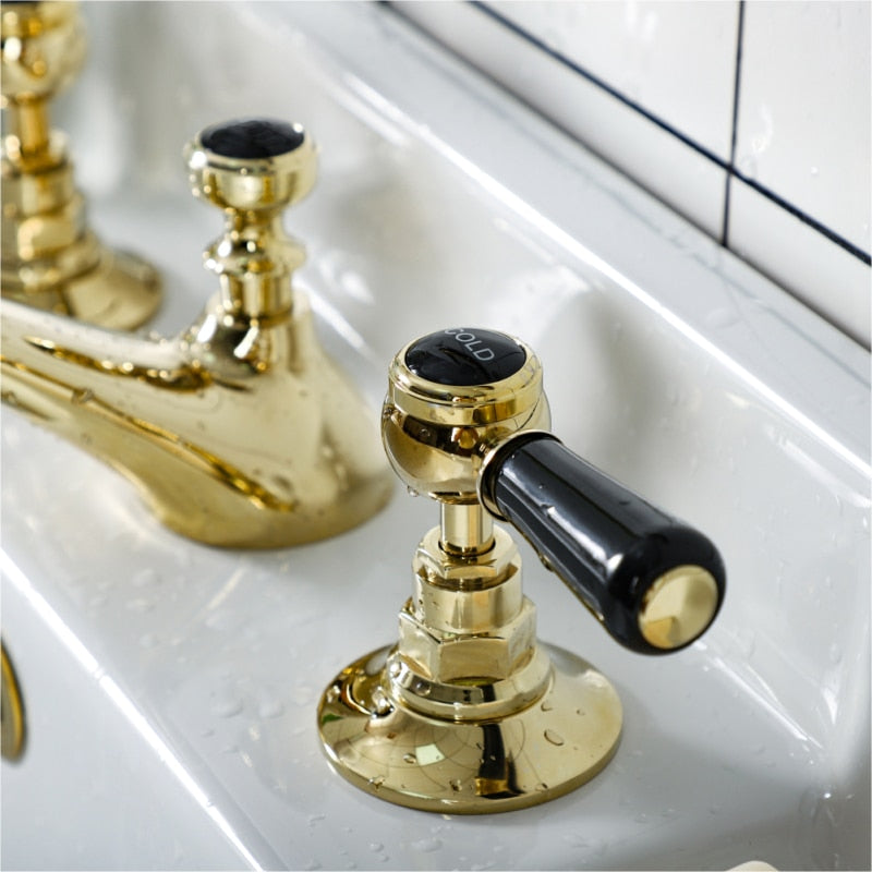 Victorian Gold polish with black two tone 8" inch wide spread bathroom faucet