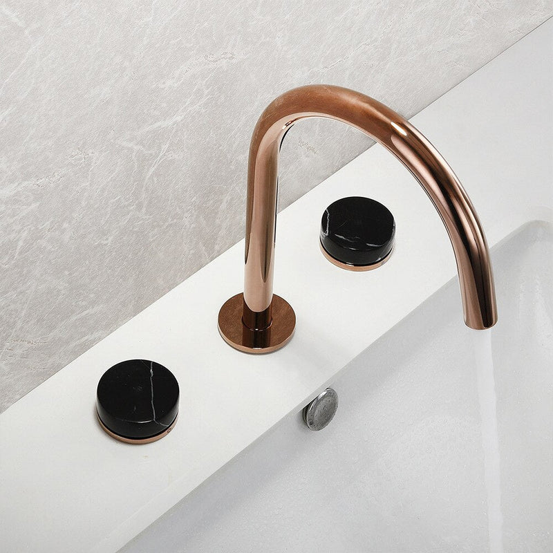 IBIZA 2-Rose gold with black marble round handles 8" inch wide spread bathroom faucet