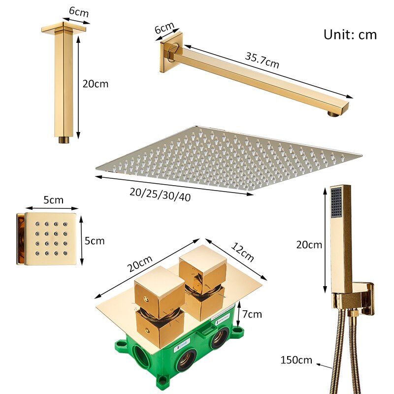 Gold polish brass-Square Rain Head 8-10-12-16 inches-  3-way fucntion diverter - Thermostatic Mixer Brass Shower Mixer 6pcs Spa body Jets