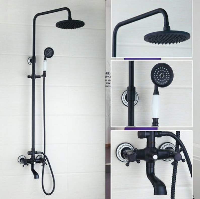 Oil rubbed bronze Victoria Antique 8" Inch rain head , hand spray and tub swivel spout with real porcelain handles cover 3 way shower system kit