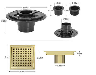 Black square shower drain 6" x6"