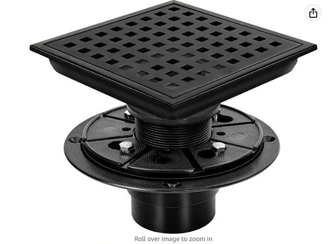 Black square shower drain 6" x6"