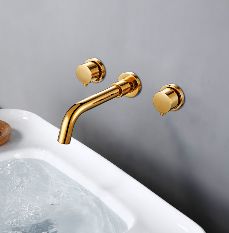 Gold polished brass wallmounted with 2 round knobs bathroom faucet