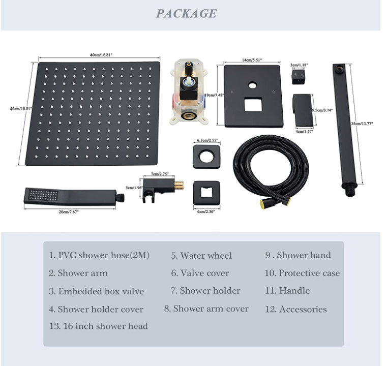 Black Square 12" Inch Rain Head 2 way function Diverter shower kit