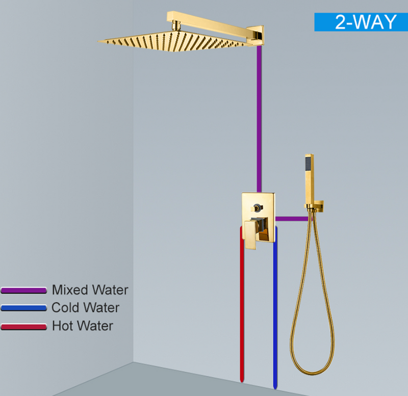 Brushed Gold Square 12" Rain head with 2 way function diverter preesure balance shower kit