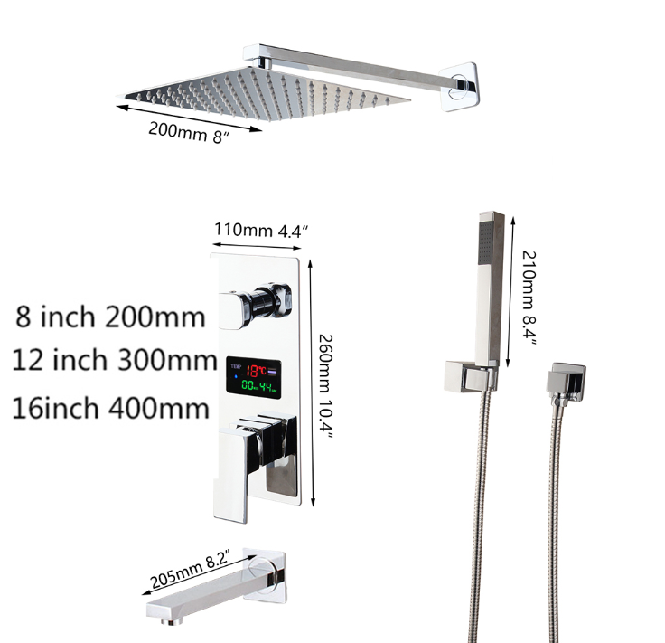 Chrome Square Rain head 2 or 3 way function Thermostactic - Pressure Balance shower kit