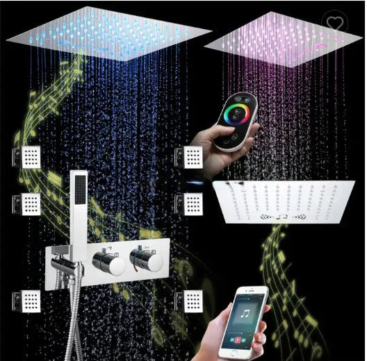 Chrome 12"x12"  Ceiling Flushmount LED Rain head and Mist Bluetooth Wifi Music completed spa shower system kit-UPC