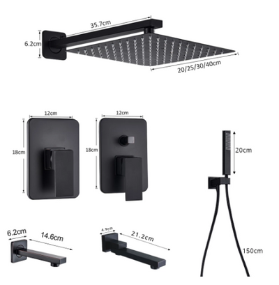 Black Square 12" Rain head 3 way function diverter with hand spray and tub spout shower kit