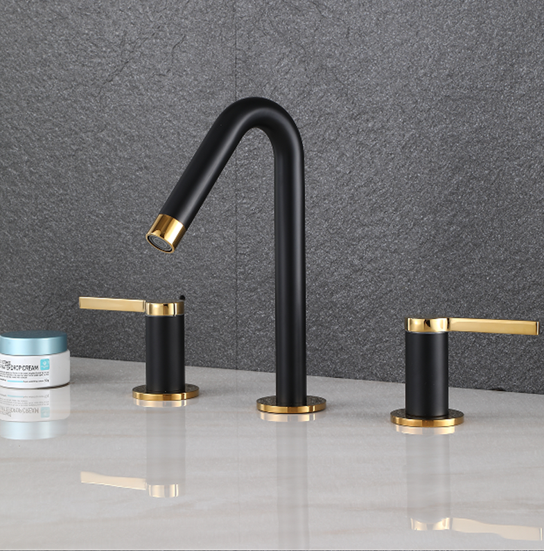 New 2023 Black with gold two tone 8" inch wide spread bathroom faucet