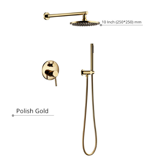 Gold polished brass round 10 inch rain head 2 way function pressure balance shower set