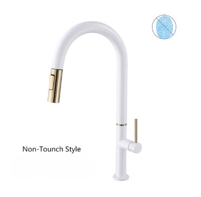 Rotterdam- White with Brushed Gold Tone Tall Sleek Design pull out dual spray kitchen faucet spray