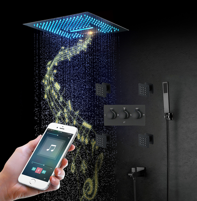 New Black 12"x12" Ceiling Flushmount LED Rain head and Mist Bluetooth Wifi Music 4 way function valve ,hand spray and body jet massage completed spa shower system kit