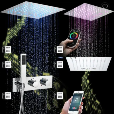 Chrome New 12"x12" Ceiling Flushmount LED Rain head and Mist Bluetooth Wifi Music 4 way function valve ,hand spray and body jet massage completed spa shower system kit