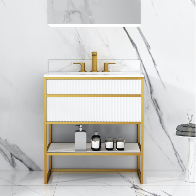Paris Art Deco 1926 White Matte with brushed gold stainless steel framed and quartz top