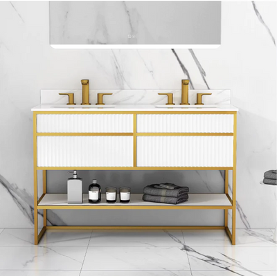 DOLCE 1926- WHITE ART DECO -SATIN BRUSHED GOLD STEEL FRAMED BATHROOM VANITY