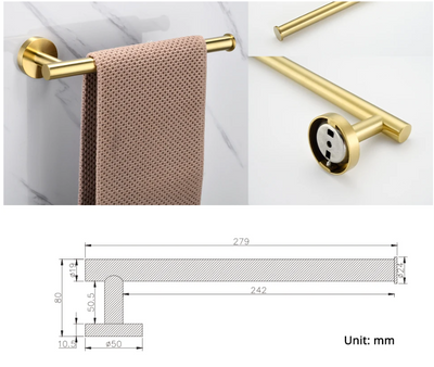 Brushed Gold Stainless Steel Round Wall Mounted Hand Towel Bar-Paper Holder Robe Towel Hooks Bathroom Accessories Kit