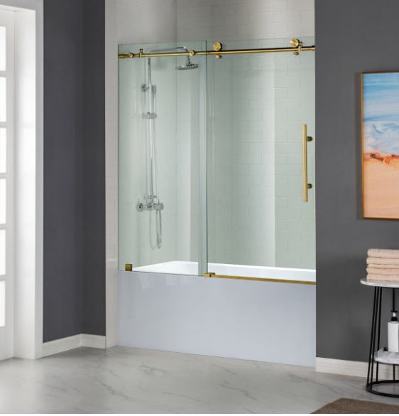 Brushed gold Bathtub frameless sliding shower tempered glass door 10mm size 60" X 60" Inches