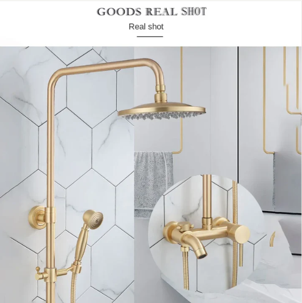 Brushed gold exposed shower system