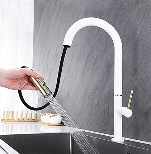 Rotterdam- White with Brushed Gold Tone Tall Sleek Design pull out dual spray kitchen faucet spray