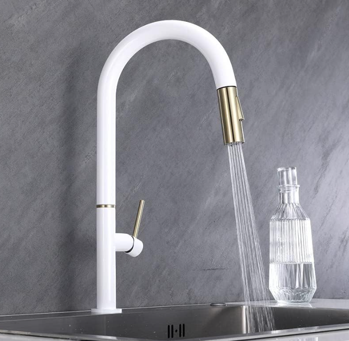 Rotterdam- White with Brushed Gold Tone Tall Sleek Design pull out dual spray kitchen faucet