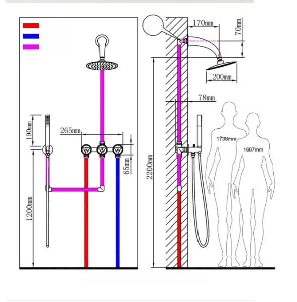 Bergen-Nordic Industrial design brushed gold 3 seperate volume control pressure balance 2 way shower kit