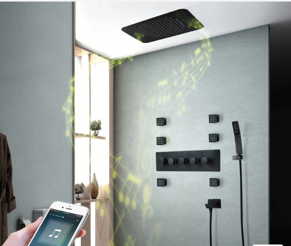 Black ceiling Bluetooth music 24"x15" rain ,waterfall, mist LED SPA completed shower system kit