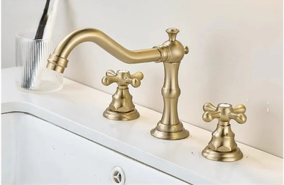 Brushed gold Victorian Cross handle Traditional 8" inch wide spread bathroom faucet