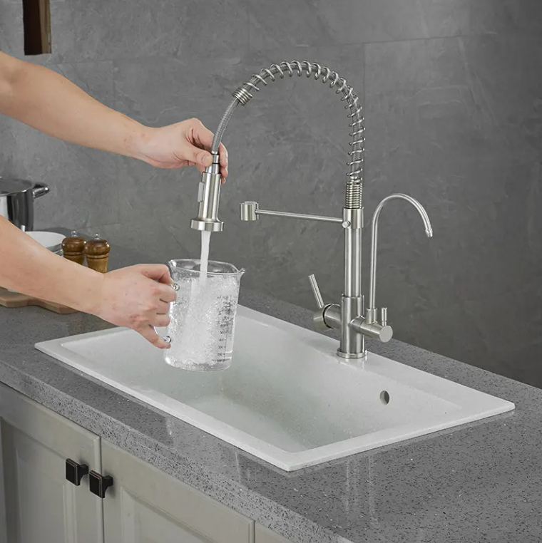 Brushed nickel 2 way kitchen faucet and reverse osmosis water filtration faucet