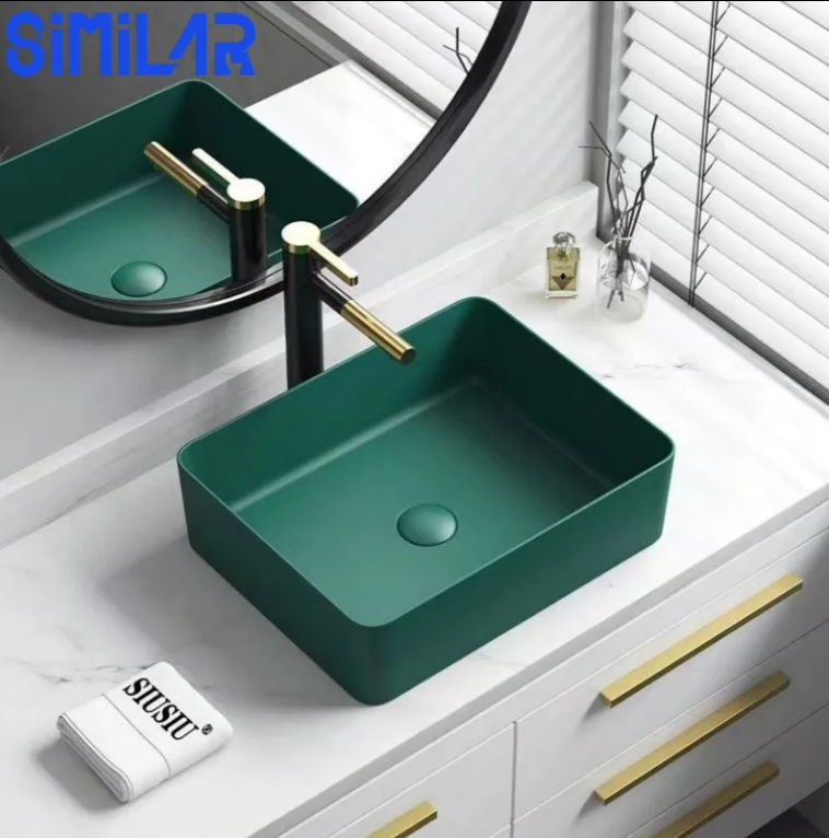 Matte Green Square Ceramic Vessel Sink 37CMX37CM