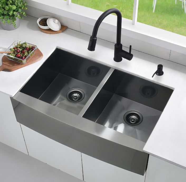 Black 50-50 Farmer Apron Kitchen Sink 16 Gauges Stainless Steel
