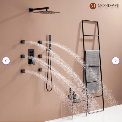 TOKYO-Black LCD Temperature Control Display 3 Way Mixer Valve Shower With 6 Body Sprayer Massage Jet Kit