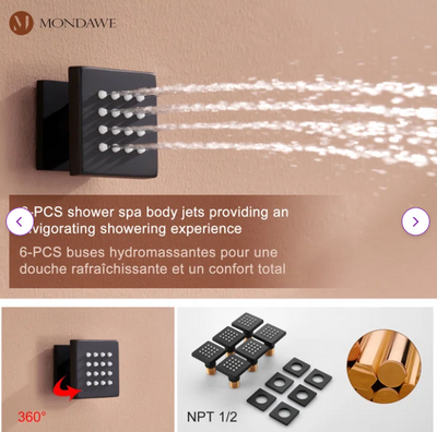 TOKYO-Black LCD Temperature Control Display 3 Way Mixer Valve Shower With 6 Body Sprayer Massage Jet Kit