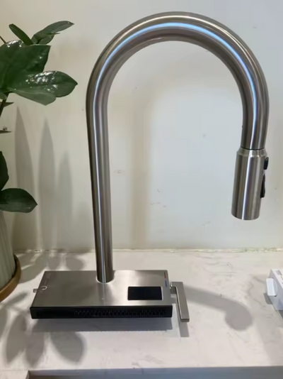 Munich-Grey gun waterfall kitchen LED display faucet with dual pull out sprayer