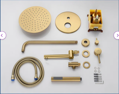 Brushed Gold Round 10 Inch Rain Head 3 Way Diverter & Tub Filler Shower Kit