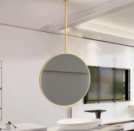 Brushed gold round ceiling pendant mounted mirror round 24 inches with 24 inches pole rod