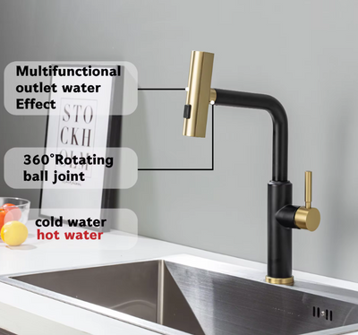 Scorpa - Black with Gold polished Italian design kitchen faucet pull out switch spray