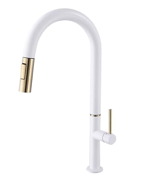 Rotterdam- White with Brushed Gold Tone Tall Sleek Design pull out dual spray kitchen faucet