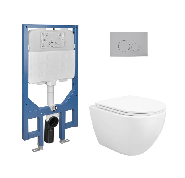 Black wall hung behind the wall cistern tank carrier, bowl, button and black bidet kit