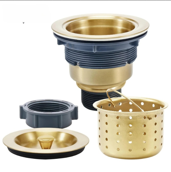 Brushed Gold Kitchen sink Stainless Steel Drain Assembly Strainer Basket Snap Lock Stopper