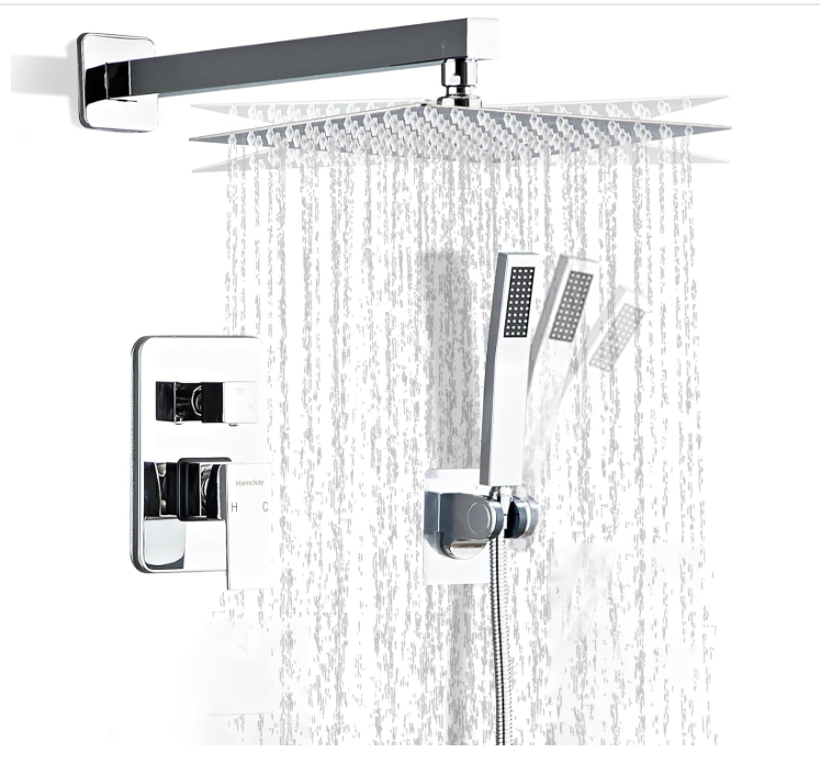 Special Deal-CSA Certified-Chrome Square 12" Inch Rain Head Pressure Balance 2 and 3  way Function Diverter with slide bar CSA Shower Kit