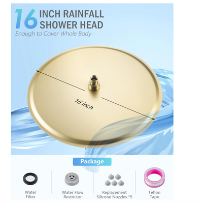 Brushed Gold Round 16" Rain Head 2 Way Function Shower Kit