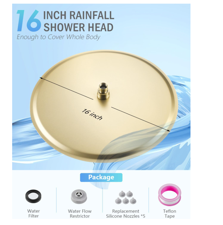 Brushed Gold Round 16" Rain Head 2 Way Function Shower Kit