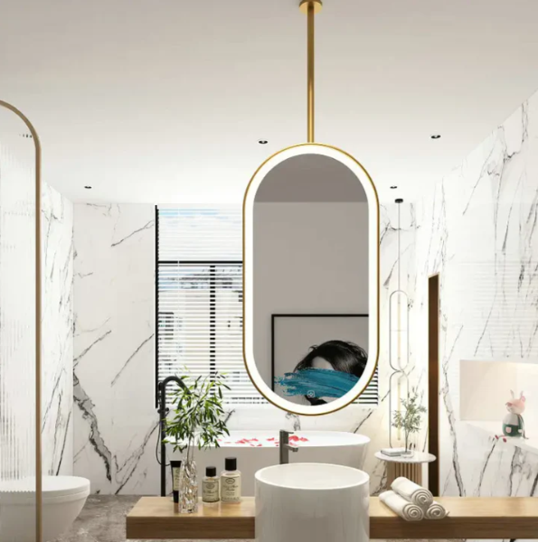 Gold Ceiling Mount Pendant Bathroom LED Mirror