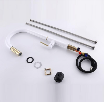 Rotterdam- White with Brushed Gold Tone Tall Sleek Design pull out dual spray kitchen faucet spray