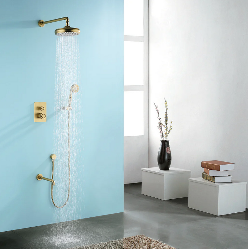 Gold polished brass Victorian Industrial Style 2 and 3 Way Function Shower with tub filler completed Kit