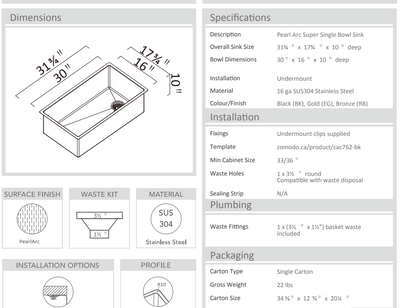 CAC762-BK- Cayman Super Single Sink - Undermount + Bottom Grid + Waste Cover 16ga R10 ALL items in Black Pearl PVD