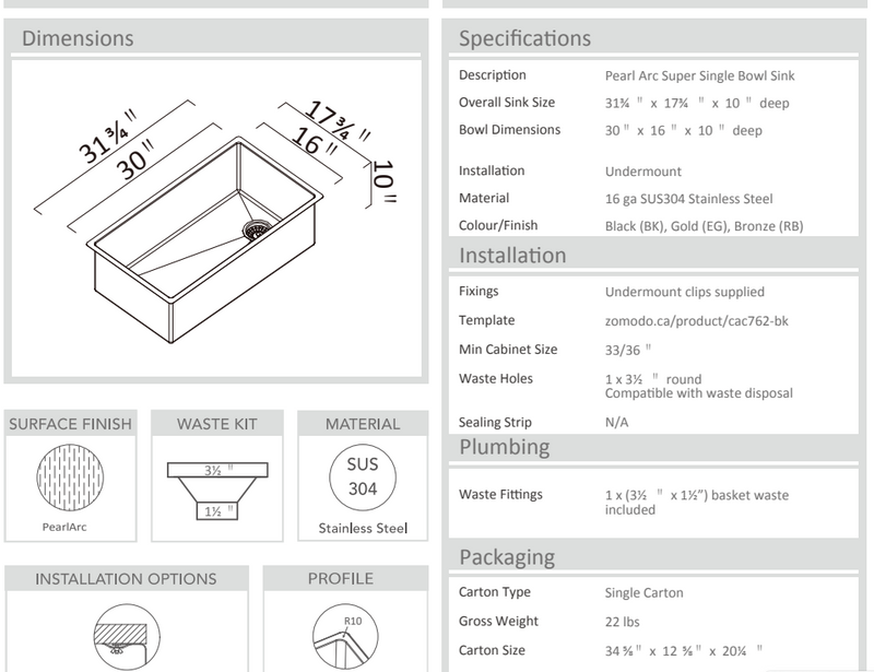 CAC762-BK- Cayman Super Single Sink - Undermount + Bottom Grid + Waste Cover 16ga R10 ALL items in Black Pearl PVD