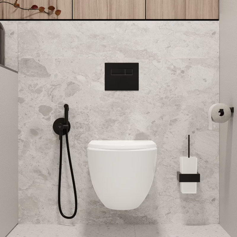 Black wall hung behind the wall cistern tank carrier, bowl, button and black bidet kit