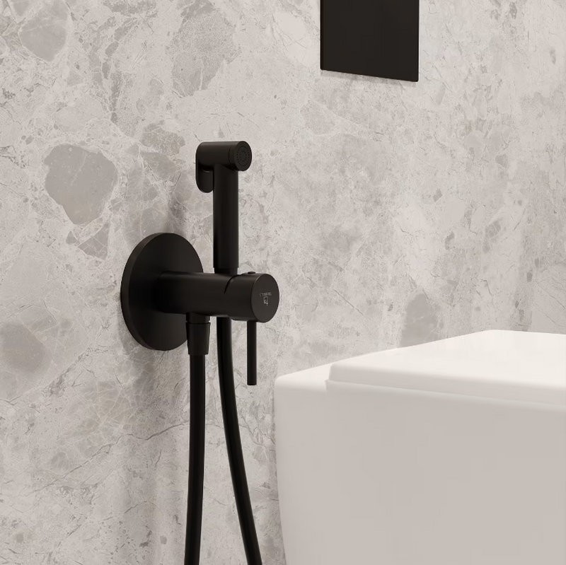 Black wall hung behind the wall cistern tank carrier, bowl, button and black bidet kit